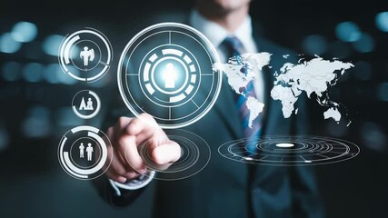 Businessman interacting with futuristic digital interface. Global technology connections, digital world, advanced technology, international, communication, hologram - Powered by Adobe