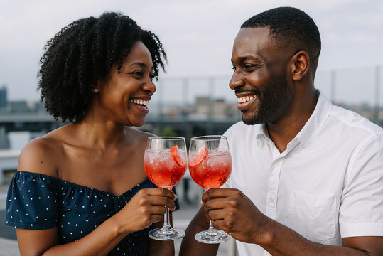 happy couple enjoying refreshing cocktails on a rooftop terrace with city skyline backdrop during a daytime social gathering