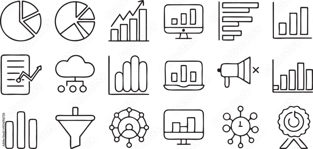 Poster data analytics dashboard icons solid black vector with pie chart graph report elements