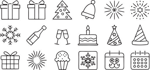 Holiday Celebration Icons Solid Black Vector Featuring Christmas New Year Party Elements