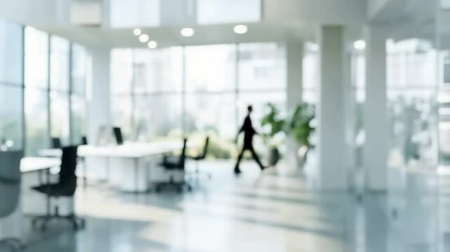 Modern office space with businessman in motion highlighting professional atmosphere. Blurred background footage
