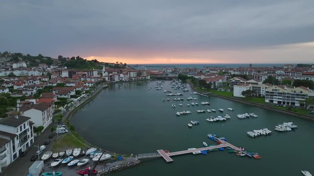 Sunset over Saint-Jean-de-Luz from a drone, Nouvelle-Aquitaine, Pyrenees-Atlantiques, France, Europe
