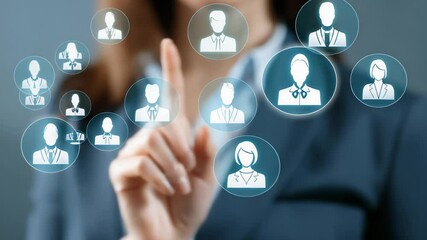 Businesswoman touches digital network interface for team collaboration and communication. Teamwork, connection, virtual interaction - Powered by Adobe