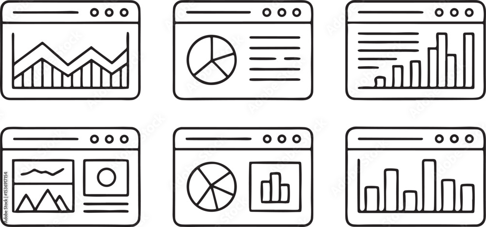 Poster dashboard widgets vector set with graph kpi chart cards for data visualization design