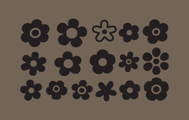 Obraz premium Collection of retro style black flower icons on brown background