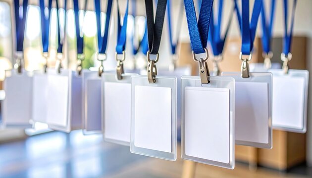 Blank identification badges hanging in a well-lit room, ready for an event or conference