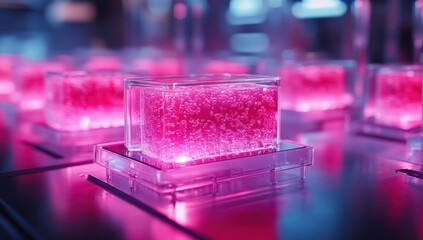 Pink cubic containers with glowing interior