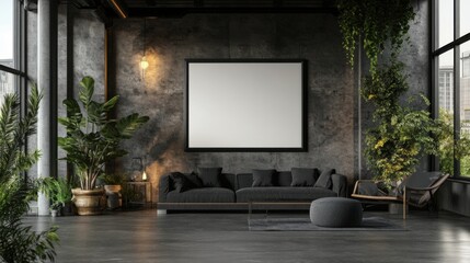 An empty black frame mockup in horizontal orientation, hanging on the wall of a large modern loft apartment with high ceilings and concrete floors, with industrial-style furniture