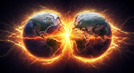 Earth's fiery fracture: A cataclysmic digital artwork depicting a planet splitting apart, engulfed in blazing energy, symbolizing global disaster or environmental collapse.