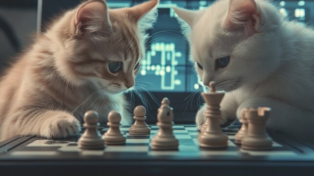 Intelligent cats playing chess or interacting with touch screens, futuristic theme,