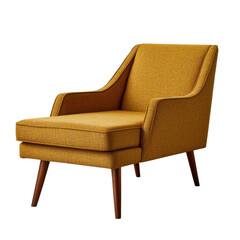 Stylish mid-century modern armchair in vibrant mustard yellow fabric with elegant wooden legs for contemporary living room decor transparent background