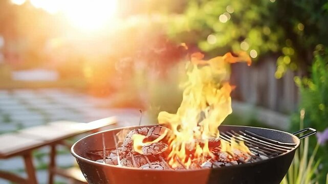 fire in a grill on the garden with deck chairs, copy space for a text banner background. Summer time concept. Barbeque party at home outdoors in the backyard