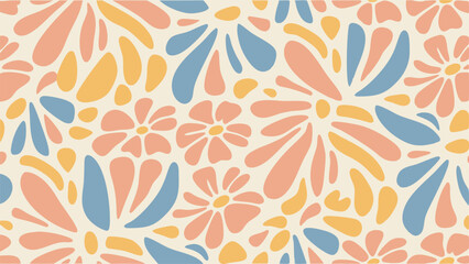 Abstract floral pattern with peach, blue, and yellow petals on a light cream background creating a seamless design