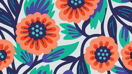 Vibrant floral pattern featuring stylized orange flowers and colorful foliage on a light background