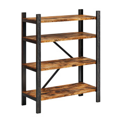 Rustic industrial shelving unit with wooden shelves and metal frame for home or office storage and organization transparent background