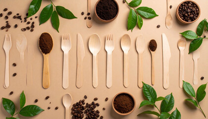 Wooden utensils arranged with coffee beans, powder, and lush green leaves on a beige surface