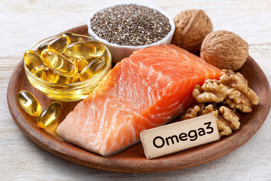 High omega-3 foods on ceramic board with clear label in nordic style