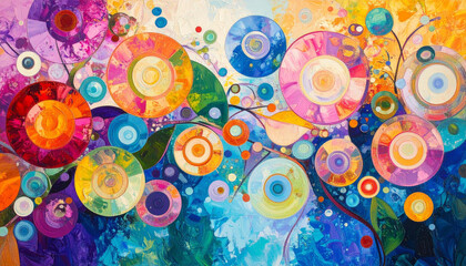 Abstract painting with vibrant circular patterns and colorful swirls, resembling a garden of blooming flowers against a backdrop of blue and green hues