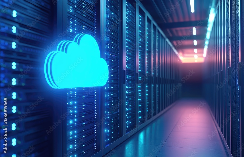 Poster glowing cloud icon in a futuristic data center corridor with pink and blue lighting, representing cl