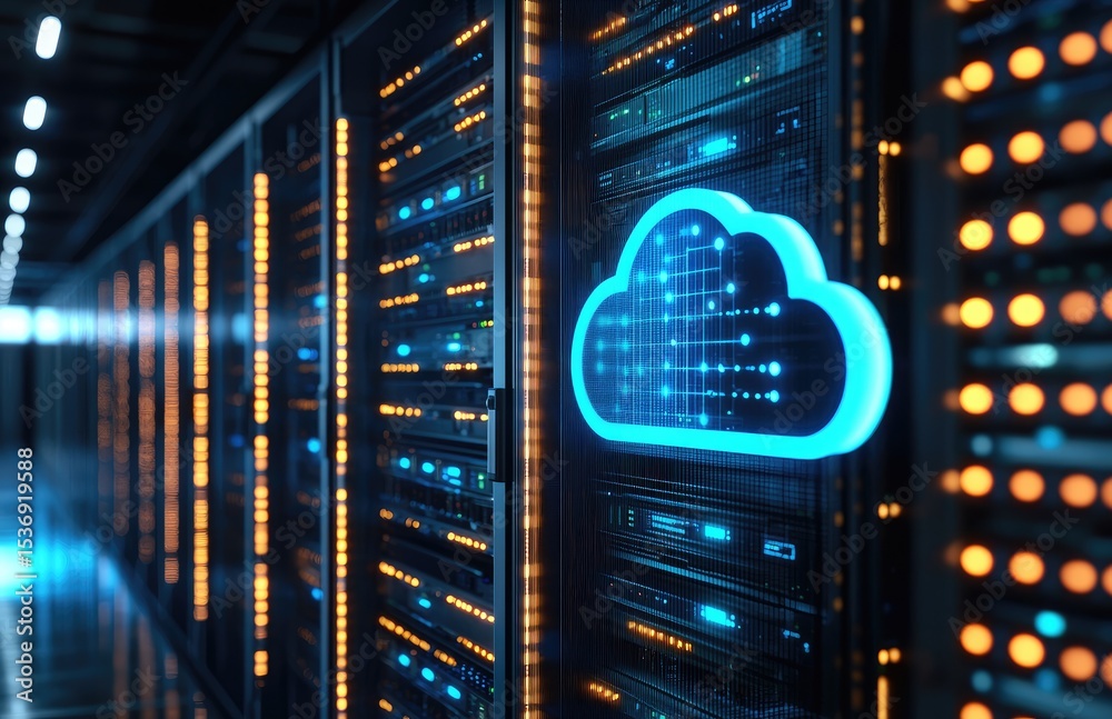 Aufkleber Modern data center with glowing blue cloud symbol and active server racks, representing cloud storage, secure networking, and advanced data processing technologies