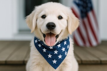 cute golden retriever puppy wearing a blue star-patterned bandana sitting on a porch, looking cheerful with an american flag in the background