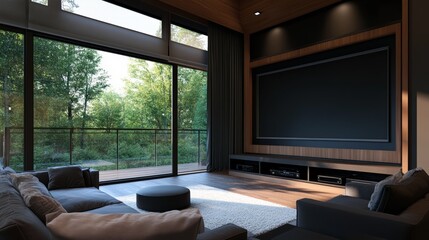 Modern entertainment setup with a huge TV screen showing intense soccer match, relaxed viewers,