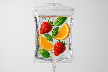 intravenous drip bag filled with refreshing fruit-infused water featuring strawberries and orange slices garnished with fresh basil leaves on a clean background