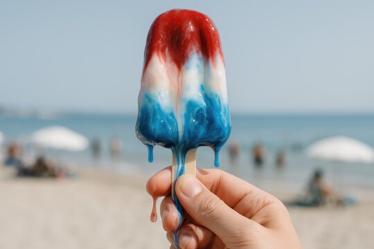 melting popsicle held by hand at a sunny beach with people enjoying summer by the ocean waves