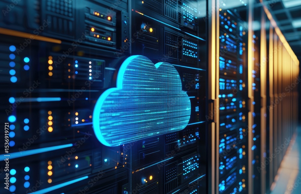 Poster Close-up of glowing blue cloud symbol with illuminated server racks, symbolizing cloud computing and data storage technologies in a modern data center environment