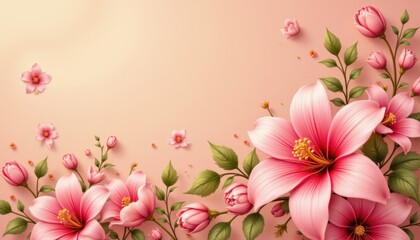 Fototapeta premium Delicate pink flowers on matching pink background, monochrome floral display