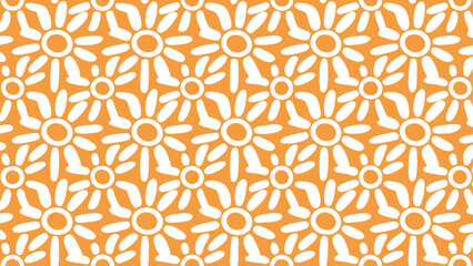 Seamless repeating pattern of stylized white daisy flowers on a vibrant orange background creating a floral design