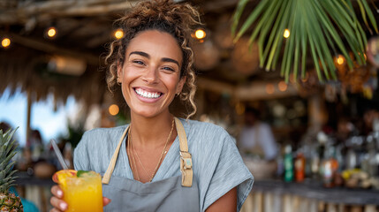 Portrait of smiling waitress holding a glass of orange juice in a bar