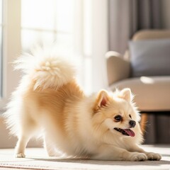 Cute Fluffy Dog in Downward Dog Pose