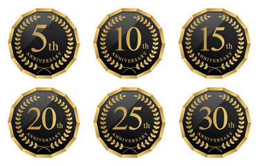 5周年・10周年・15周年・20周年・25周年・30周年のアニバーサリーロゴ(anniversarry logo エンブレム 月桂樹 お祝い ベクター 編集可能 シンプル モノクロ)	
