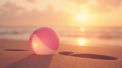 Colorful beach ball rests on sandy shore, illuminated by warm glow of sunset. scene evokes sense of relaxation and summer fun