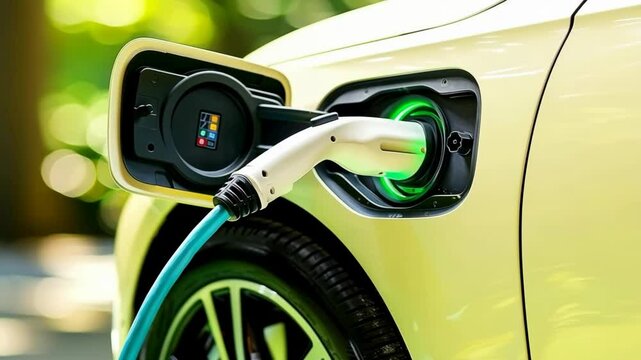 electric car battery being charged in a parking lot in a green city park. Alternative clean energy technology for rechargeable car for green urban travel