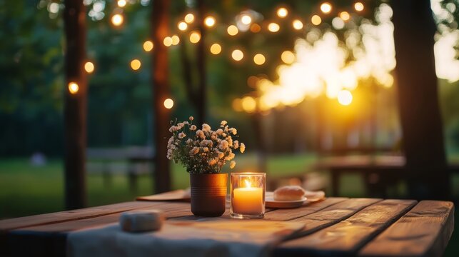 outdoor candlelight dinner under string lights, stylish setup for two