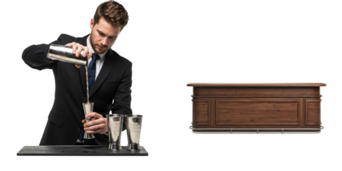 Bartender mixing cocktails at bar counter in a professional setting  