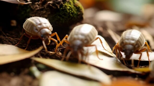 Close up shot of a group of Armadillidium Vulgare, Pill Bugs, Roly Polies, foraging for food on moist brown soil with green moss and fallen leaves in the forest.