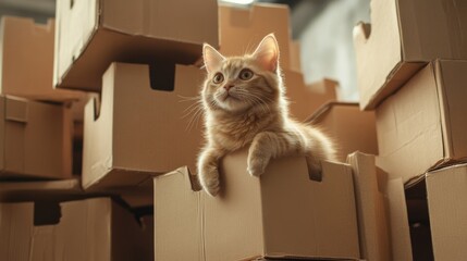 Fototapeta premium Playful cats climbing cardboard castles in a DIY home environment,