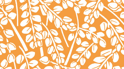 White leaves and stems on orange background creating a dense foliage pattern for wallpaper or textile use
