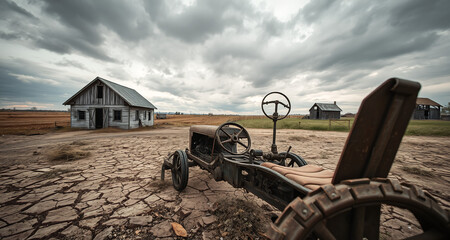 post apocalyptic landscape with decaying farms abandoned barns dried cracked earth desolate scenery barren fields dystopian wilderness survival environment ruined agriculture empty horizon desolation