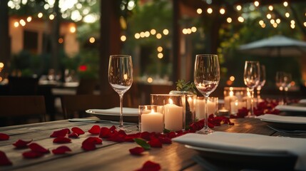 romantic dinner setup with candles and rose petals on elegant table, soft ambient lighting, wine glasses sparkling