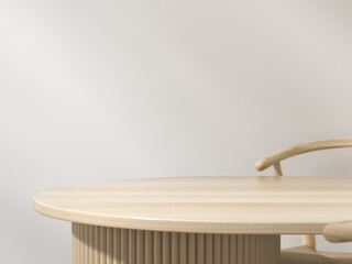 Scandinavian Wooden Table with Chair in Soft Natural Lighting. Minimal style, Space for product presentation display. 3D illustration
