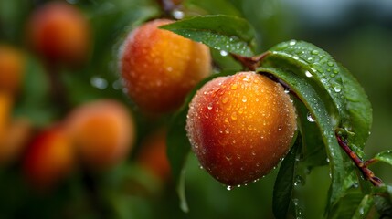 Obraz premium Orchard of peach after rainfall fresh water droplet clinging fruit sun breaking through cloud cover vivid post rain freshness farmland captured post rain sky background clear cut out isolated