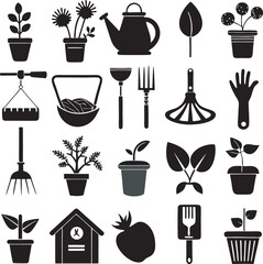 A collection of stylized agricultural and farming icons, featuring elements such as crops, farm buildings, and farming tools, presented with a clean and modern aesthetic