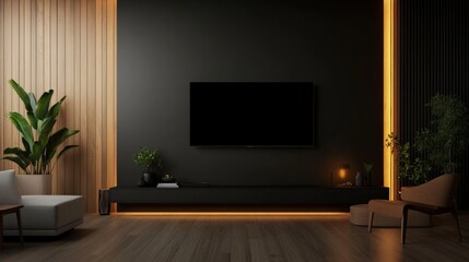 Sleek modern living room with mounted TV, minimalist furniture, and ambient lighting,