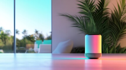Fototapeta premium smart home assistant responding to family with voice commands, cozy futuristic home,