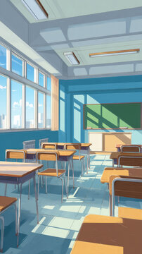 Modern Classroom Vector Illustration: Empty School Interior with Desks, Blackboard, and Windows. Creative Abstract Commercial Background for Graduation Season. Blue Walls, Natural Light, Serene Atmosp