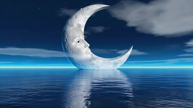A massive crescent moon shaped guardian’s face rests ocean, eyes closed, glowing gentle wind stirs sea, moon’s reveals open eyes watching silently. Mist water. Haunting poetic atmosphere, magical 4k